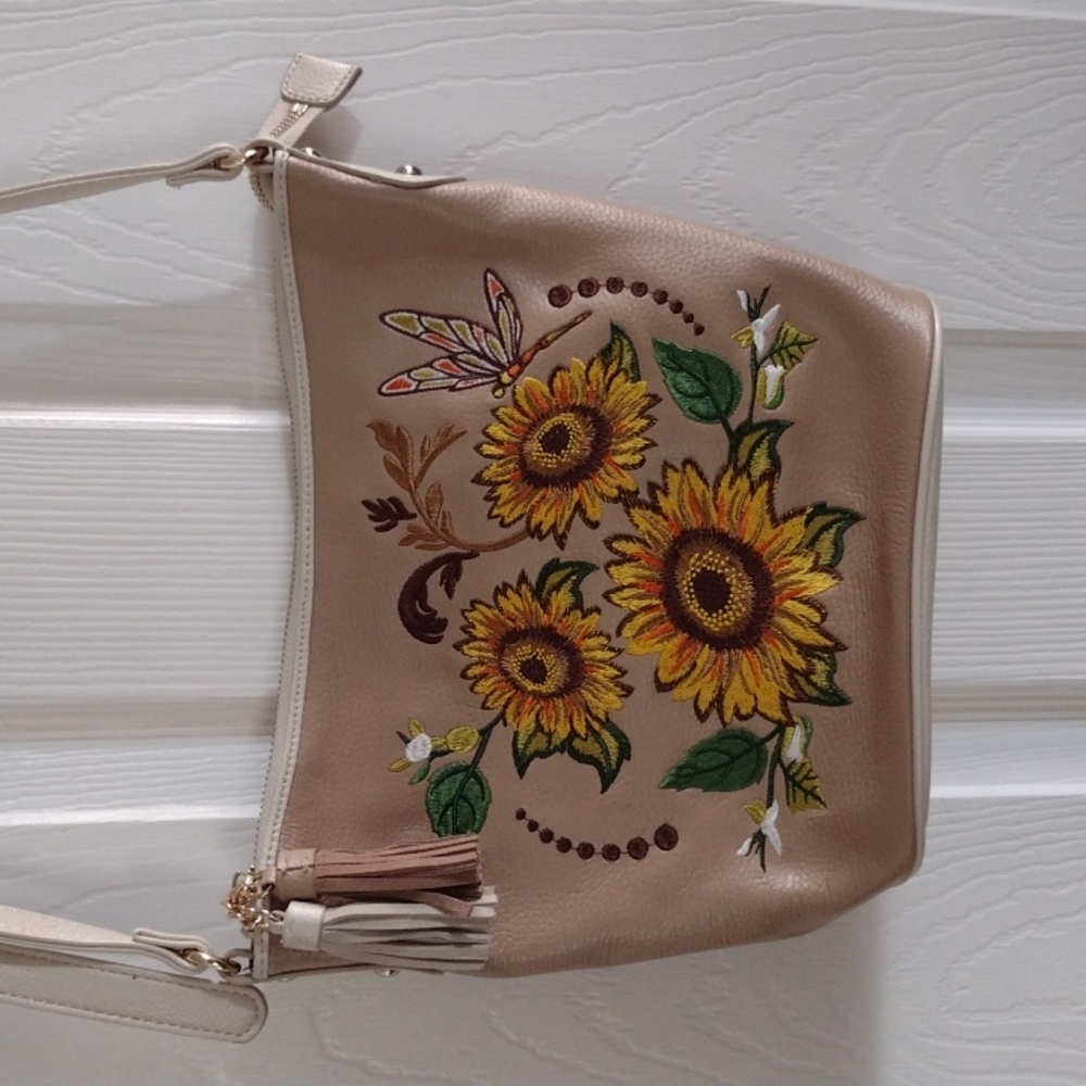 SHARIF 1827 Sunflower Embroidered Leather Crossbody Bag (b250) - Picture 6 of 13